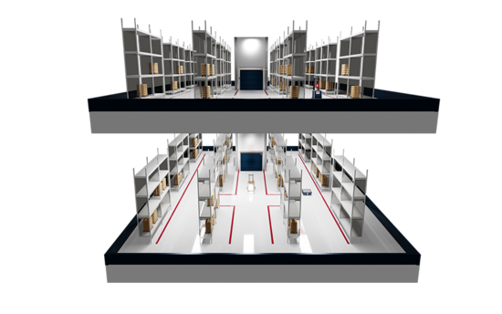 Warehouse with automated goods lift and AGV.